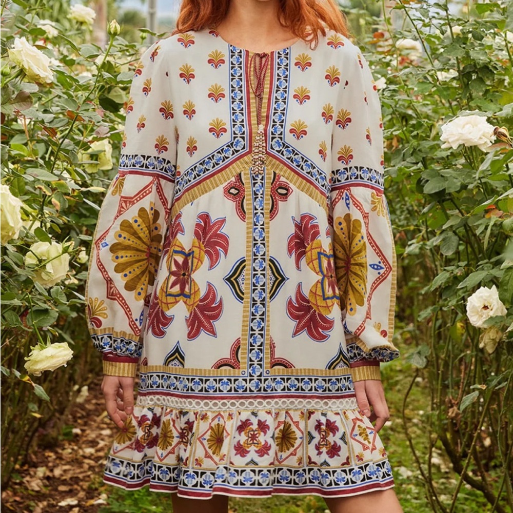 FARM Rio Off-White Marys Tiles Lenzing™ Ecovero™ Euroflax™ Mini Dress XL - Picture 1 of 11